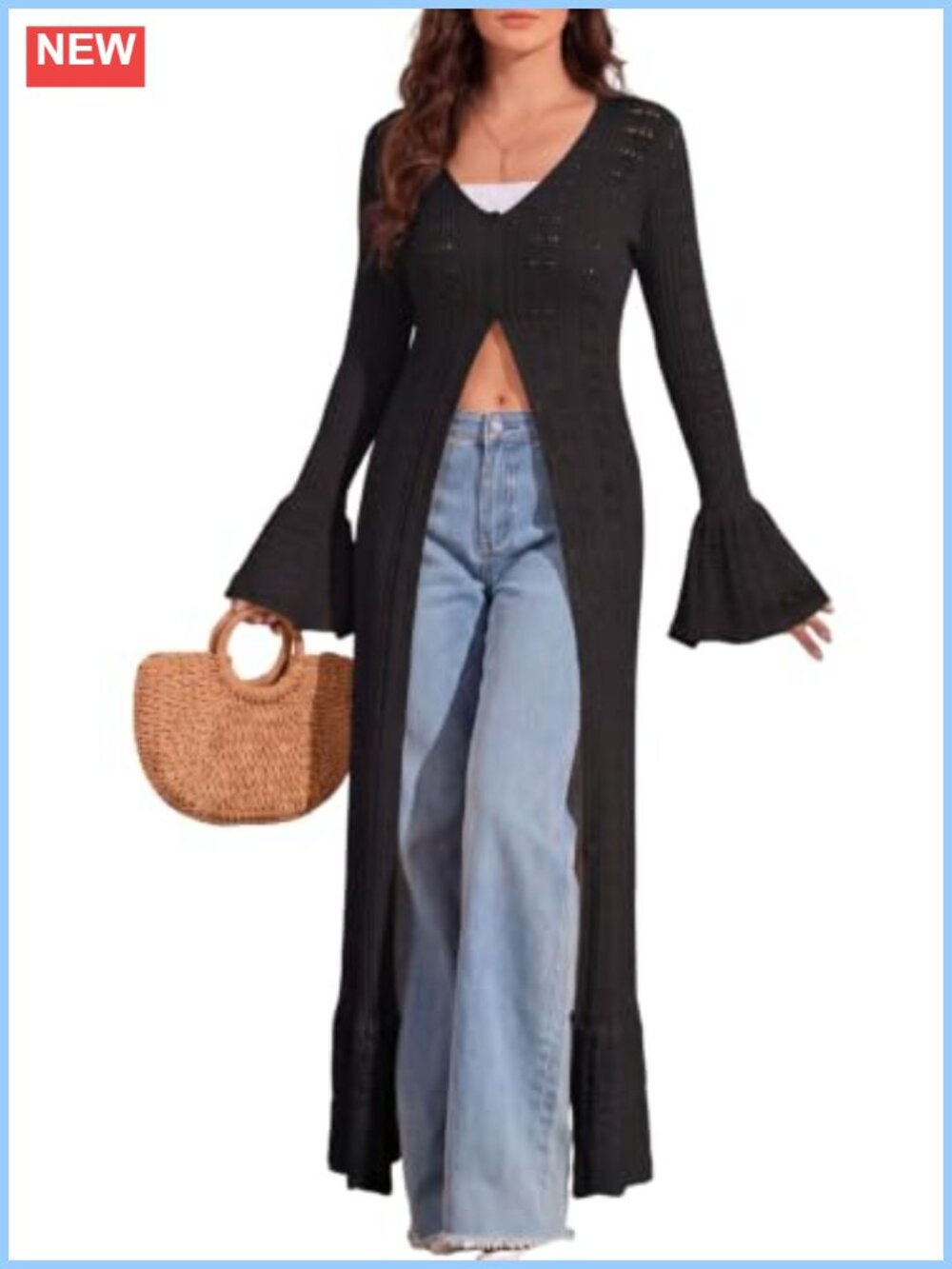 Lightweight Crochet Cardigan Duster Bell Sleeve Ruffle Hem Knit Maxi
